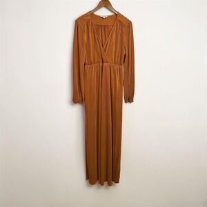 Baltic Born Rust Orange Pleated Maxi Dress Long Sleeve V-Neck Large